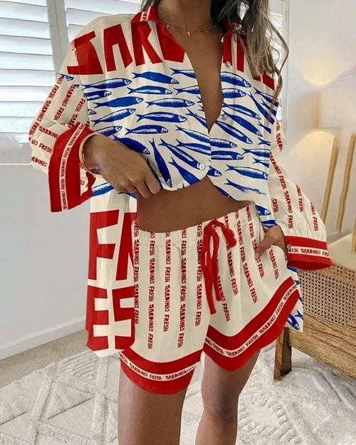 Fashion Print Beach Holiday 2-Piece Set Women Summer Short Sleeve Shirt Top Wide Legs Short Womens Oversized Two-Piece Outfit 260612