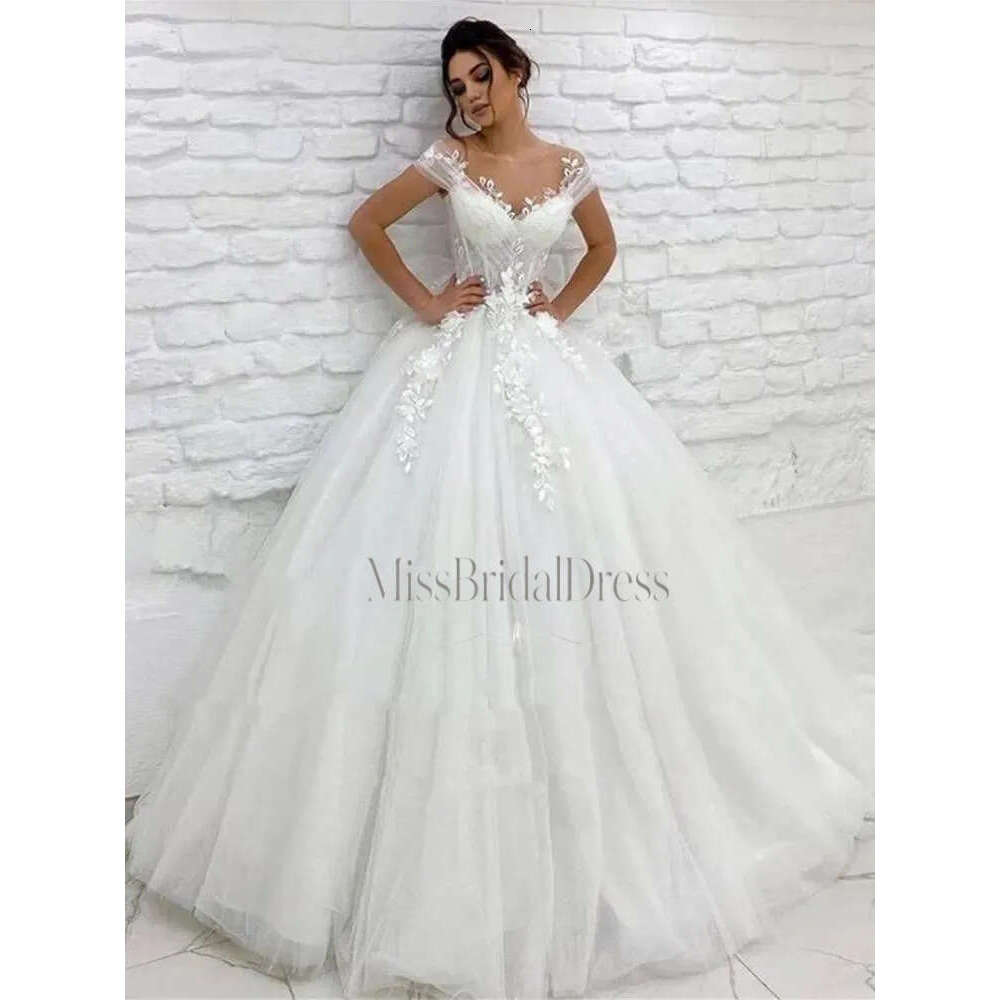 Elegant Ivory Tulle Wedding Dresses Princess A Line Bridal Gowns Sheer Neck Cap Short Sleeves Lace Floral Appliques Bride Dress Back Buttons Robe De