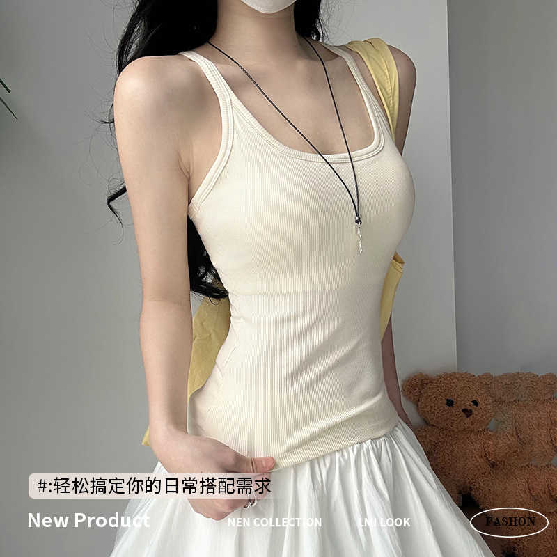 K1366 Womens Summer Camisole with Chest Pads American Style Sexy Slim Fit Sleeveless U-Neck Top L260612