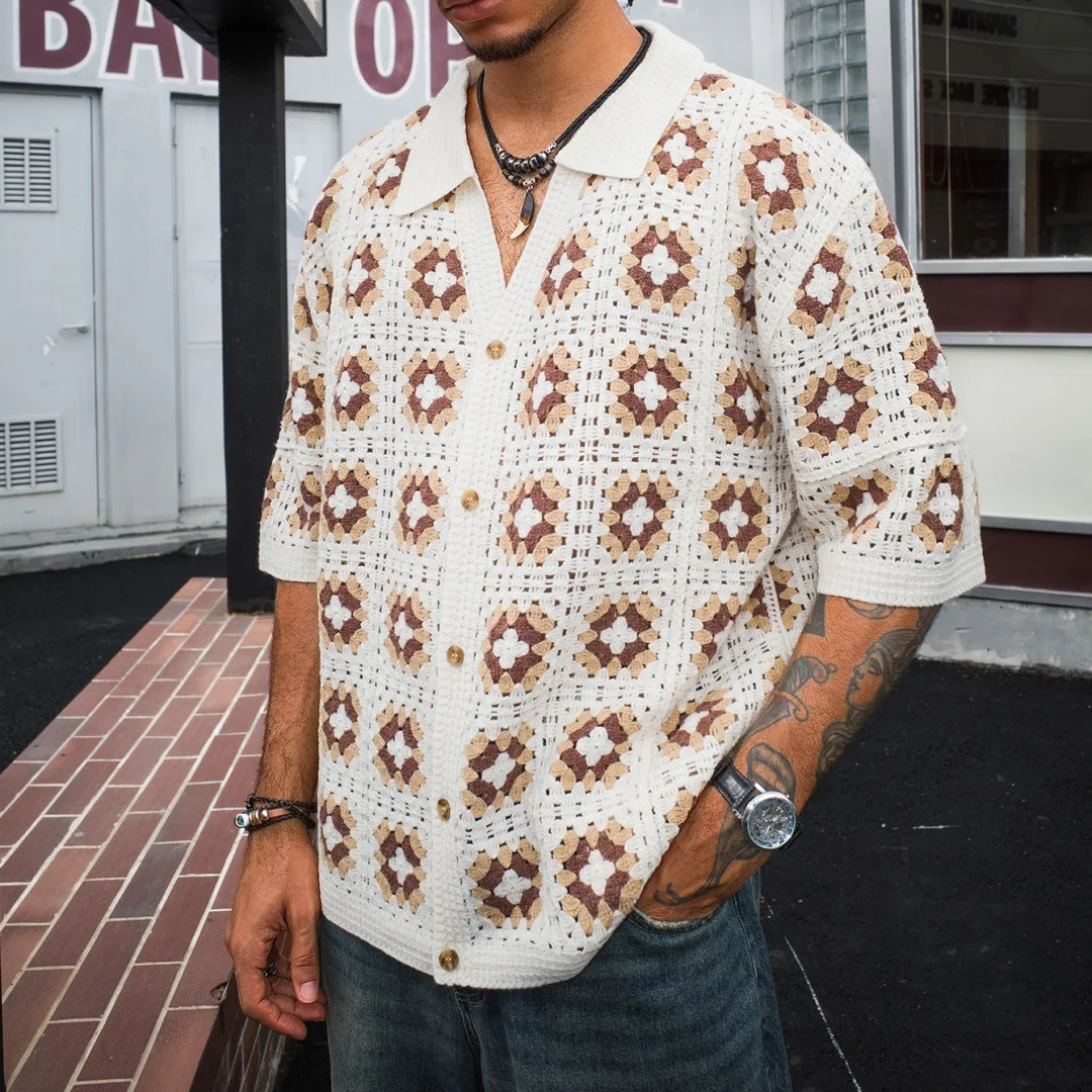 Mens Short Sleeve Summer Fashion Mesh Cardigan Lapel Top Printing Soft Breathable Light Polo Knitwear Men US Size 260613