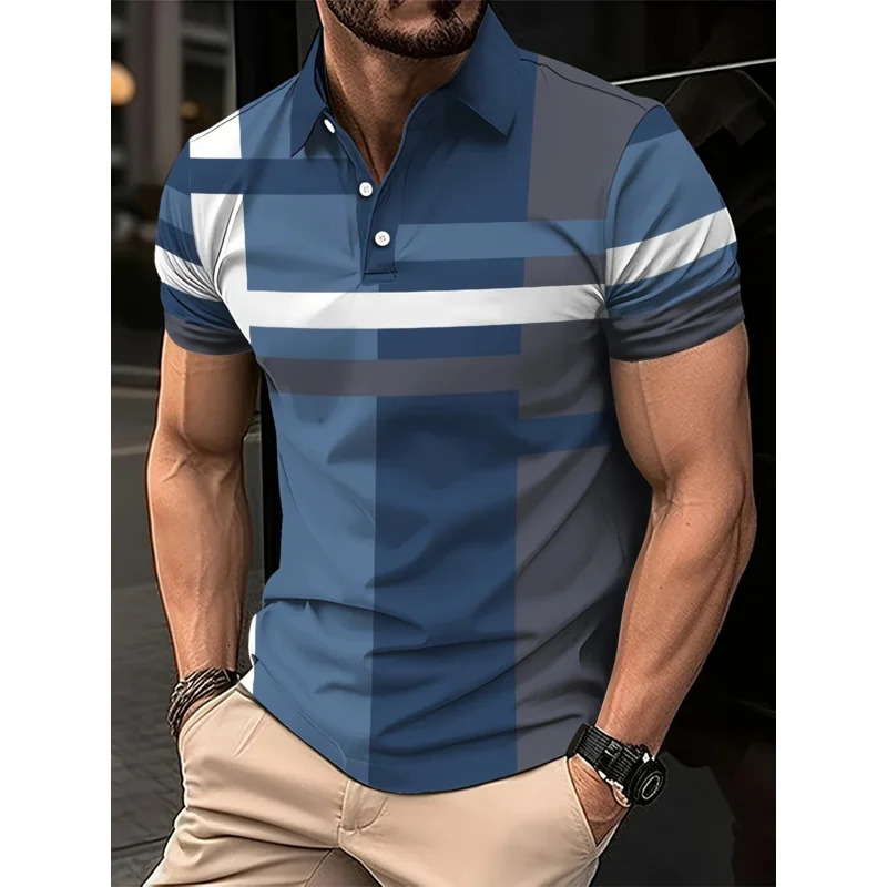 Summer mens golf striped pattern polo shortsleeved shirt collar business casual outdoor 3d printed geometric 260613