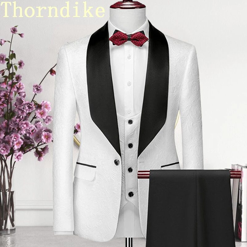 Thorndike Mens Wedding Suits White Jacquard With Black Satin Collar Tuxedo3 Pcs Groom Terno Suits For MenJacketVestPants 260612