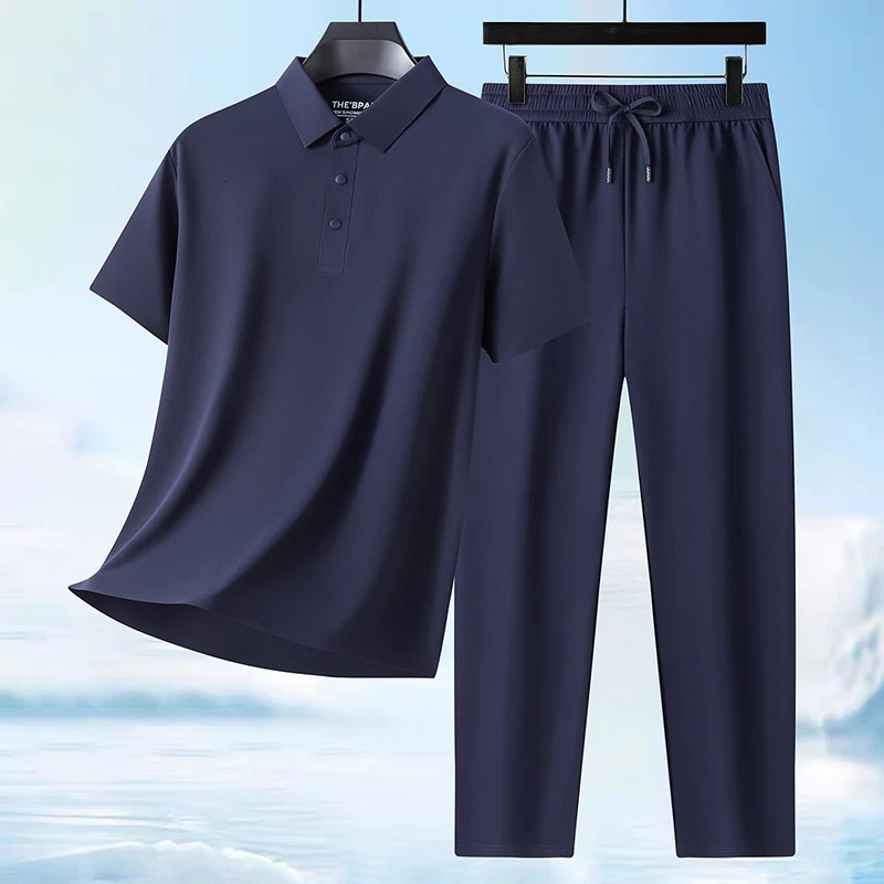 Mens 2026 Arrival 2 Piece Ice Silk Polo Set Short Sleeve Shirt and Drawstring Pants Casual Summer Outfit