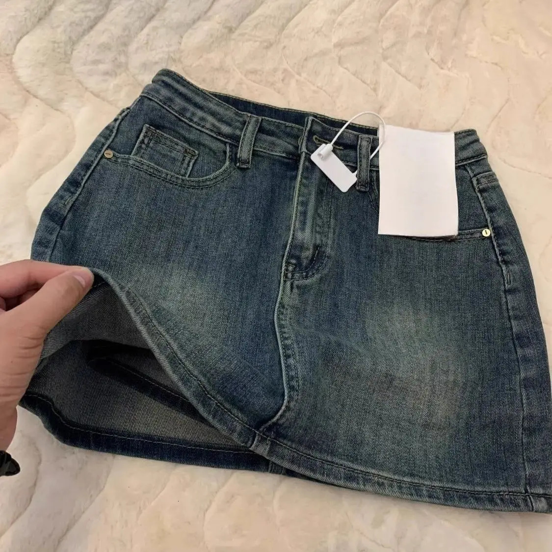 Retro Faded Denim Mini Skirt Women's Small Size Summer High Waist Loose Fit Anti Expre Cotton Half Body 260603BANJIABANJIA