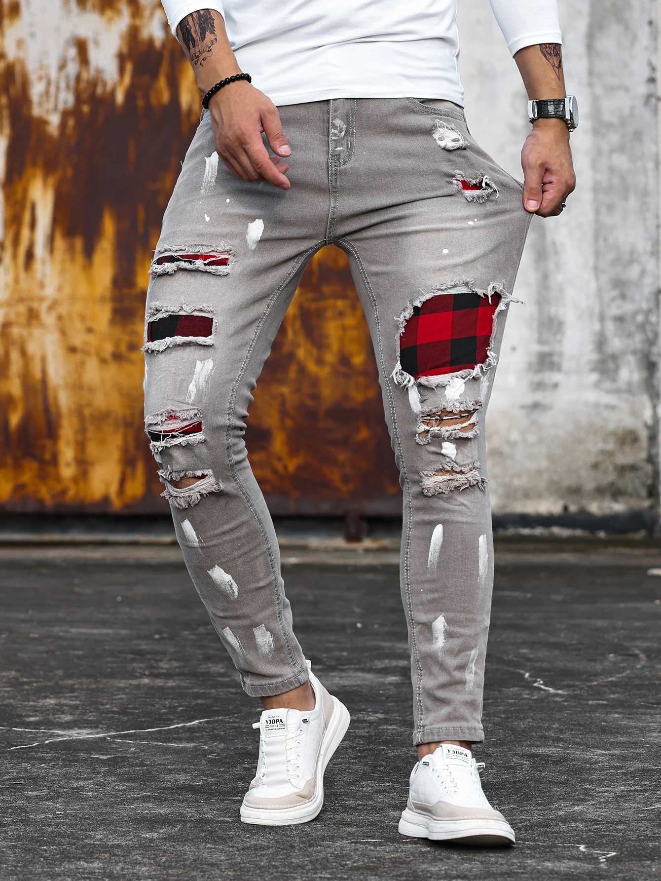 New 2025 Jeans Pencil Pants Holes Distressed Men Streetwear Denims Patchwork Slim Fit Washed Denim Ankle Length Trousers T260410