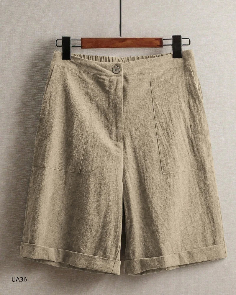 Womens High Waist Cotton Linen Blend Shorts Summer Casual Loose Fit Bermuda Shorts Solid Color Knee Length plus Size Available 260612