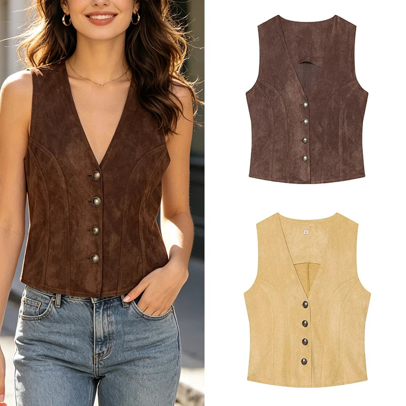 Womens Vest 2026 Fashion Spring Summer Buttoned Suede Texture for Women Casual Chic Personality Female 260612BANJIA