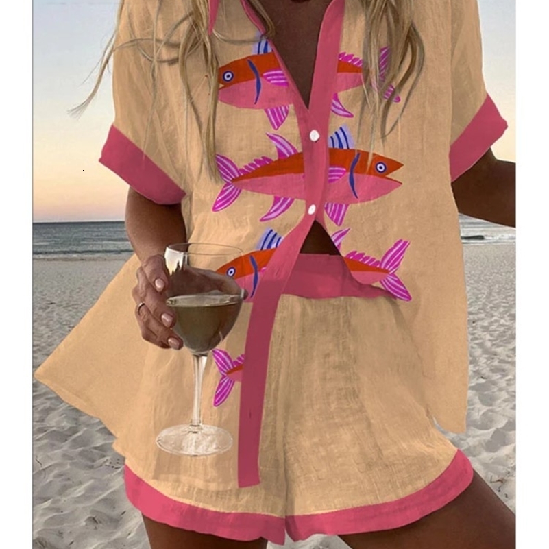 Casual Women Printed Blouse Shorts Two Pieces Sets Lapel Short Sleeve Button Shirt Suit Female Summer Beach Holiday Outfits 260612