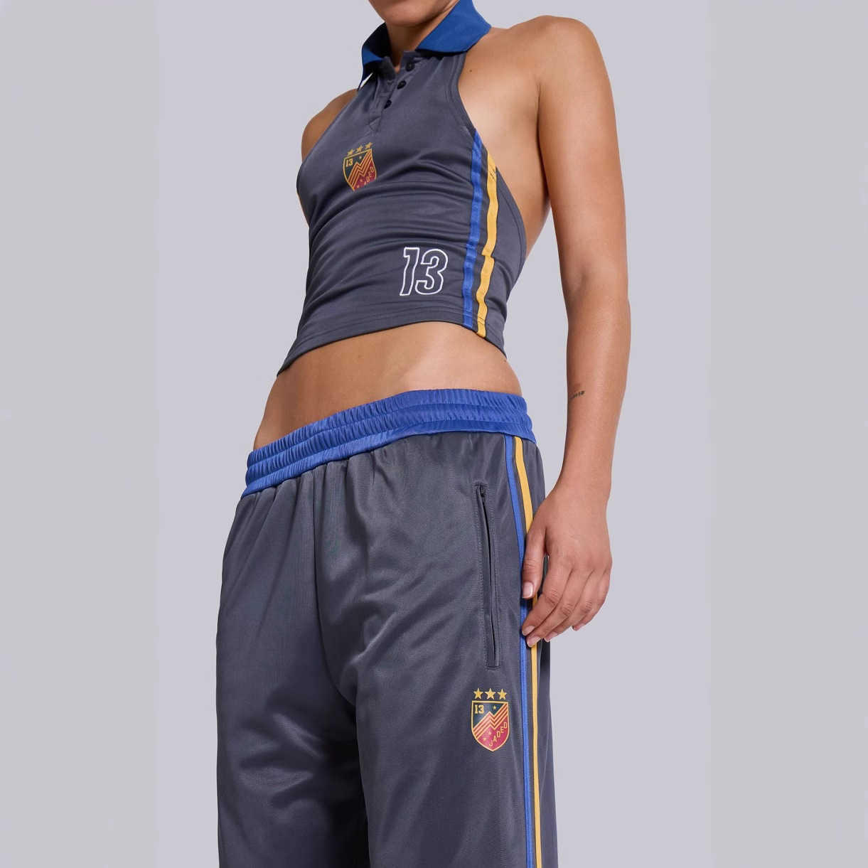 Womens Collared Halter Neck Sleeveless Slim Fit Cropped Sports-Style Digital Flag Print Backless Tank Top L260612