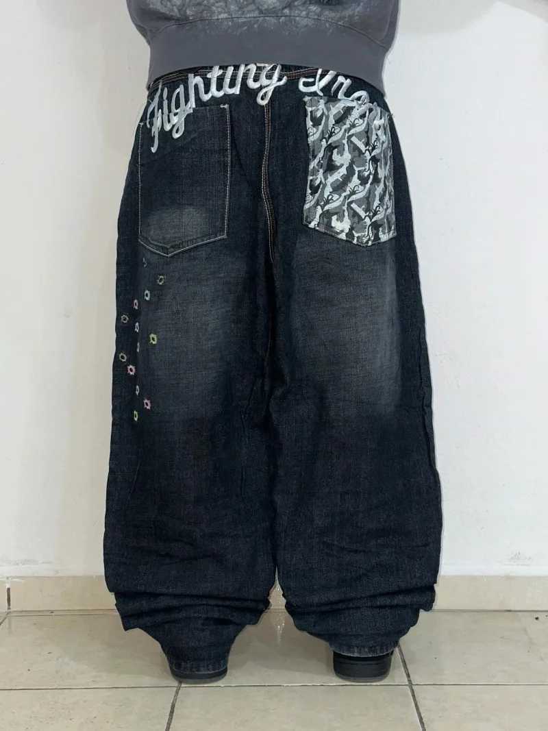 Y2K American New Fashion Letters Embroidered Loose Jeans Men Harajuku Hip Hop Popular Casual Joker High Waist Wide Leg Pants T260410