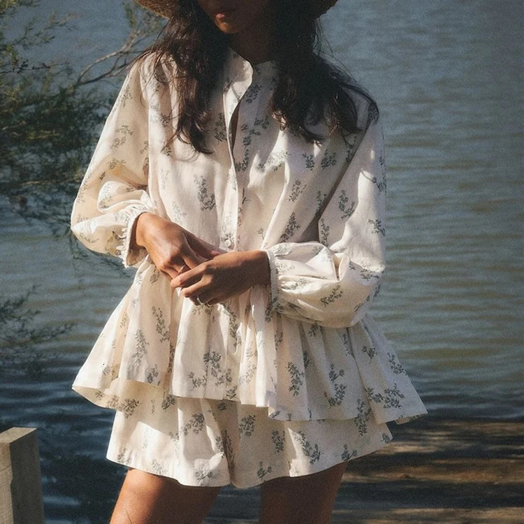 Women Stand Collar Long Sleeve Blouses With High Waist Shorts Flounce n Print Two Pieces Sets Summer Suits Ladies Outfits 260612