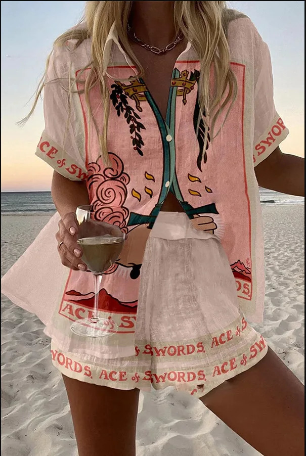 Set da vacanza in spiaggia con stampa alla moda per donna Camicia estiva a maniche corte con bottoni Pantaloncini a gambe larghe Set oversize in due