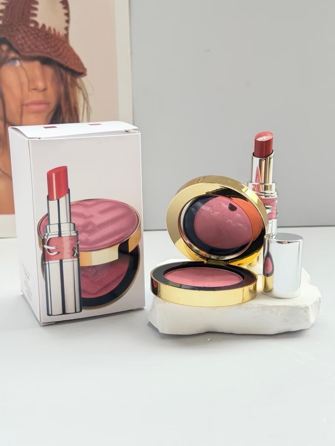 NEW Leather Blush #44 Nude Lavalliere Silver Tube Lipstick Color 44 Makeup Set 2pcs Long Lasting Lipgloss Blusher Face Eye Cheek Lip Beauty Cismetic