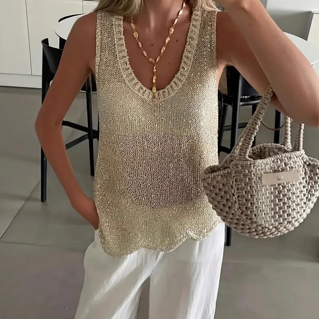 2026 Womens Summer Solid Color Versatile Hollow Knitted Sequined Vest Loose Sleeveless Sexy VNeck Top for Women 260613