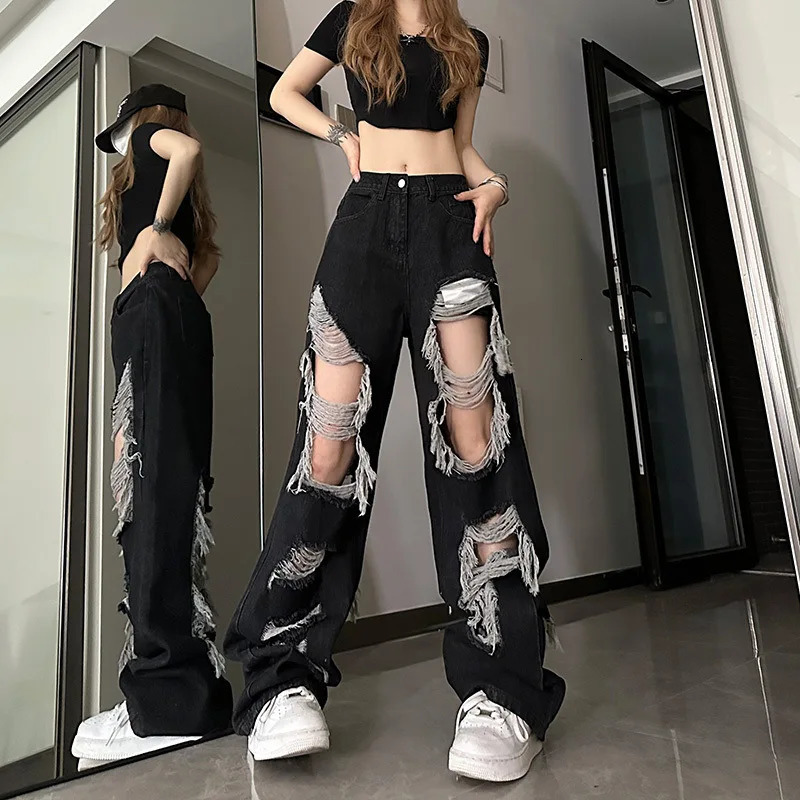 Women Vintage Gothic Black Ripped Jeans High Waist American Retro Streetwear Y2k Pants Harajuku Casual Wide Leg Denim Trousers 260608