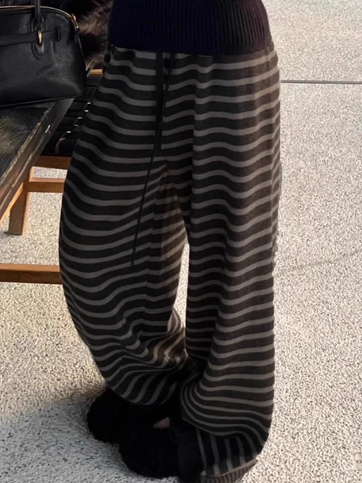Pantaloni a gamba larga da donna a righe di colore a contrasto Harajuku Pantaloni larghi in maglia vintage grunge Pantaloni dritti da donna casual a