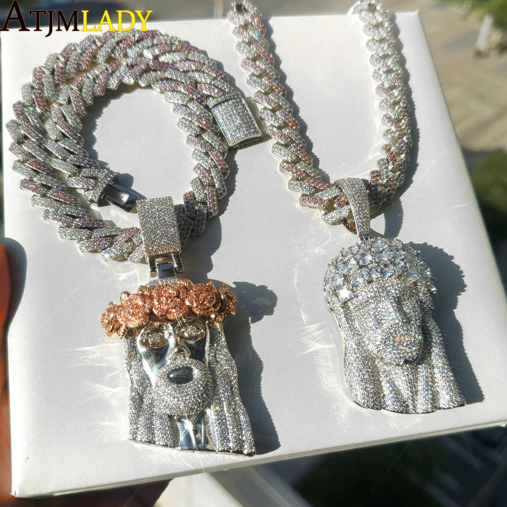 Ice Out Collares con colgantes de PIEZA DE JESÚS en dos tonos, cadena cubana blanca y rosa pavimentada con circonita brillante para hombres y niños,