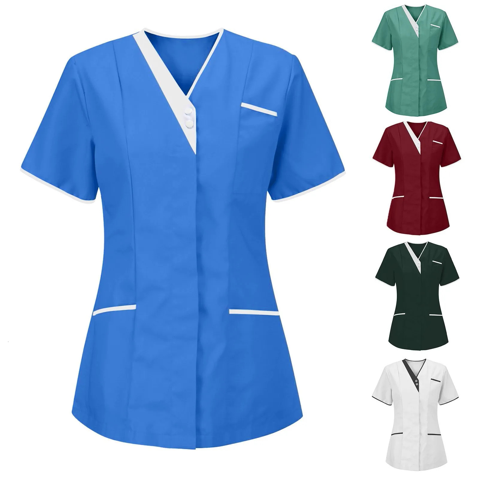 Womens Scrubs Tops V Neck Short Sleeve Working Blouse Solid Color Undershirts For Women Doctors Nurse Workwear Scrubs Tops 260613