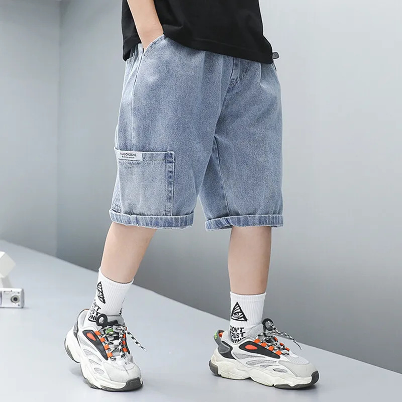 1pcs Summer Thin Boys Denim Shorts Kids Solid Color Fashion Cool Pants Children Elastic Casual Pocket Five Quarter Shorts 260612
