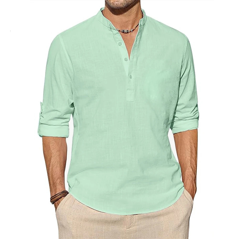 Cotton Linen Shirts for Men Casual Shirts Lightweight Long Sleeve Henley T Shirt Solid Color Long Sleeve Tops Roll Up 260612
