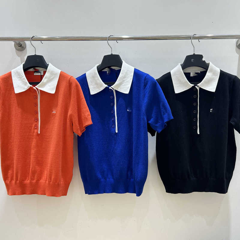 Designer Women's Knits & Tees Haute Couture 26 Spring/Summer Color-Block Turn-Down Collar Buttoned Knit Polo Shirt Short-Sleeve Top Versatile D