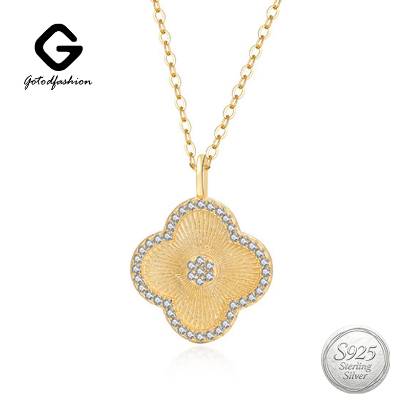 Vintage Classic 925 Sterling Silver Luxury Lucky Zircon Four Leaf Clover Pendant Necklace Designer for Women Fine Jewelry Wedding Mothers Gift 18K G