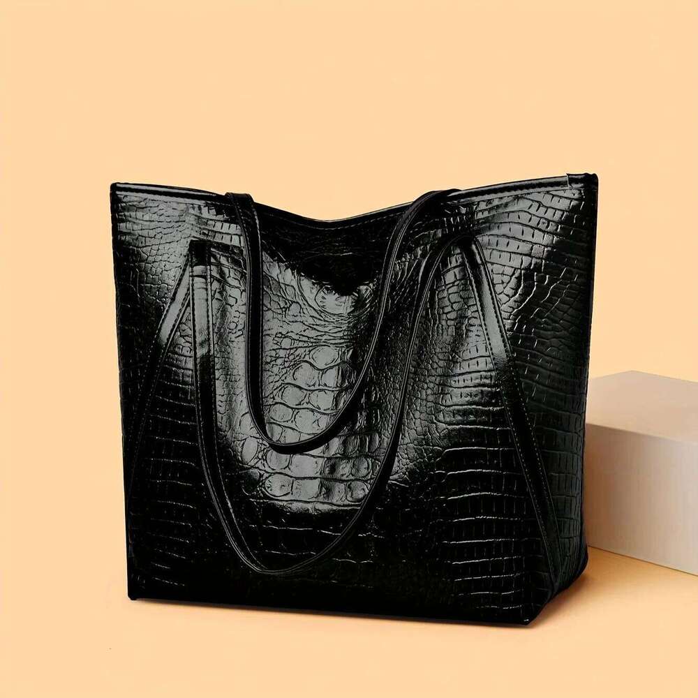 Large Black Crocodile Print PU Tote Bag Women Stylish Handbag Shoulder Bag, Perfect for Shopping, Dates, Parties