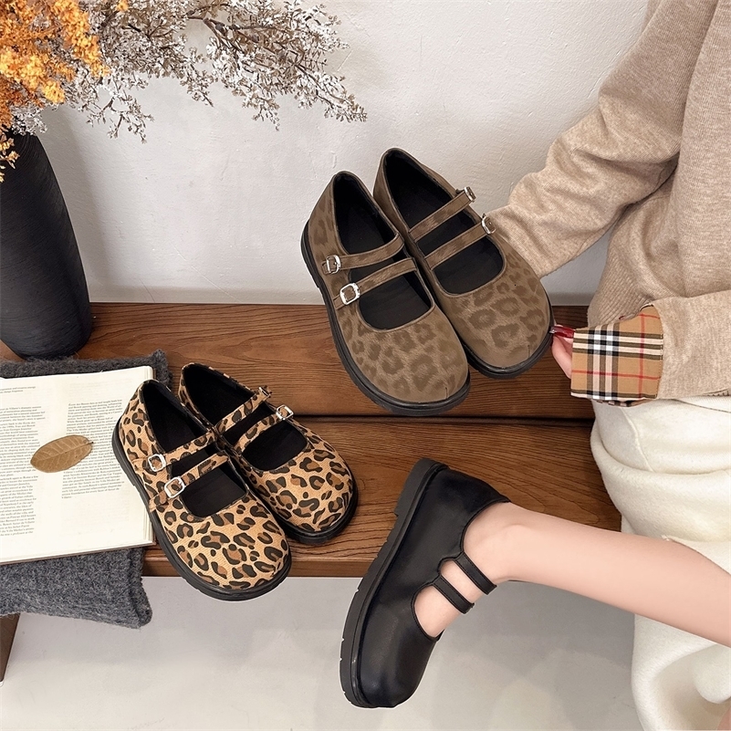 Leopard Print Double Buckle Mary Jane Shoes for Women Soft Leather Built-in Height Flat Low-Cut Single Shoes 260612