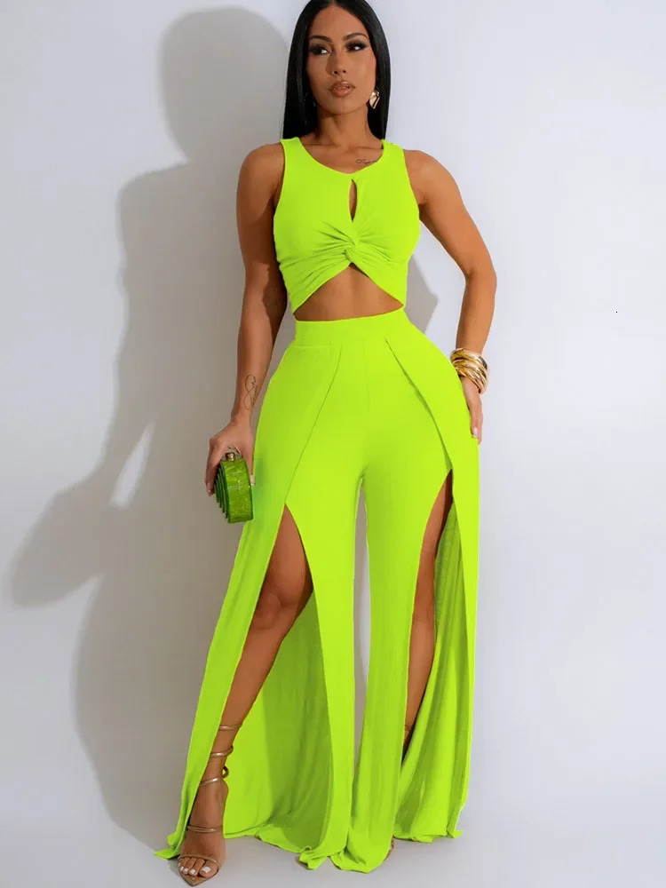 Doyerl Solid 2 Piece Set Woman Sexy Club Outfits Tank Sleeveless Draped Cut Out Crop Top and Split Wide Leg Pants Matching Sets 260609BANJIABANJIA