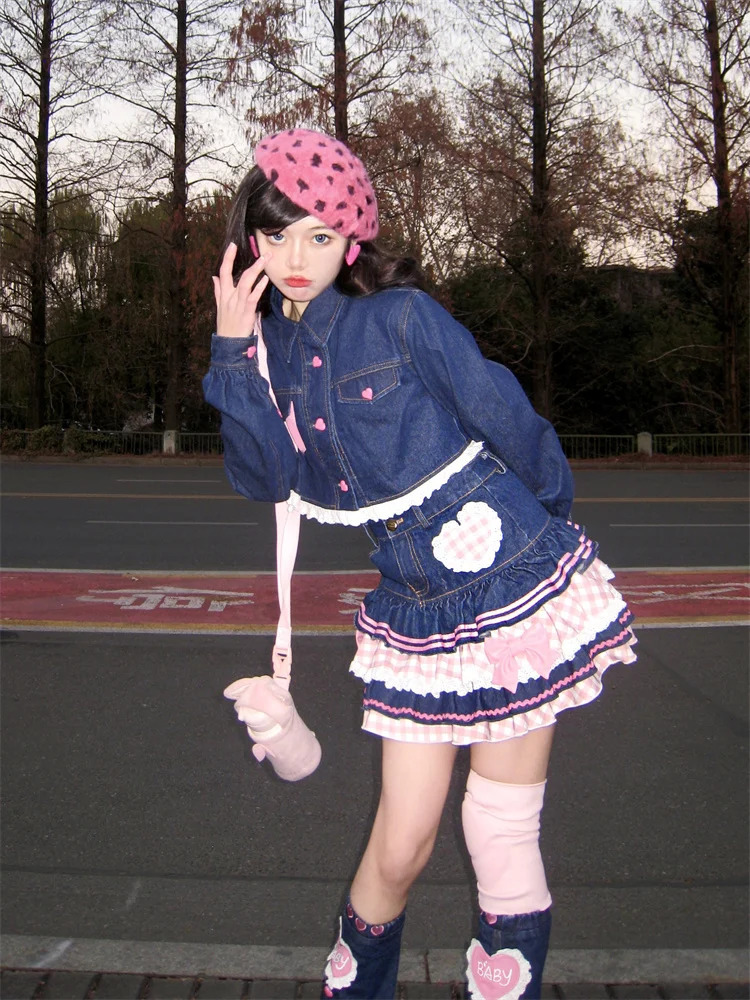 Japanese Sweet Lolita Mini Skirts Ball Gown Women Harajuku Cute Denim Skirt Preppy Style Girls High Waist Kawaii Lace Cake Skirt 260612