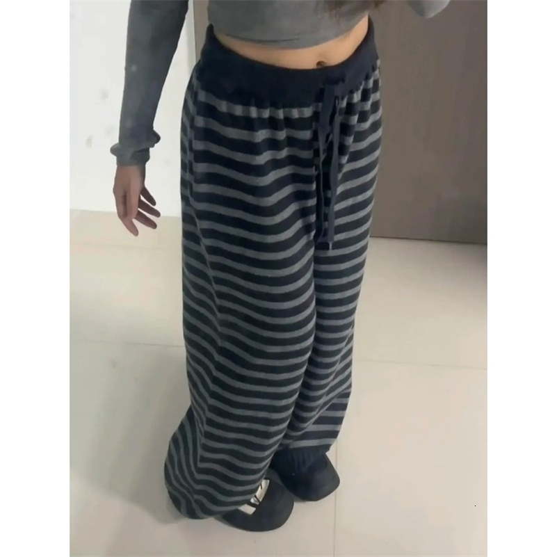 Harajuku Contrast Color Stripe Wide Leg Trousers Vintage Grunge Loose Knitted Casual Pant Y2k Aesthetic Women Straight Pants 260612