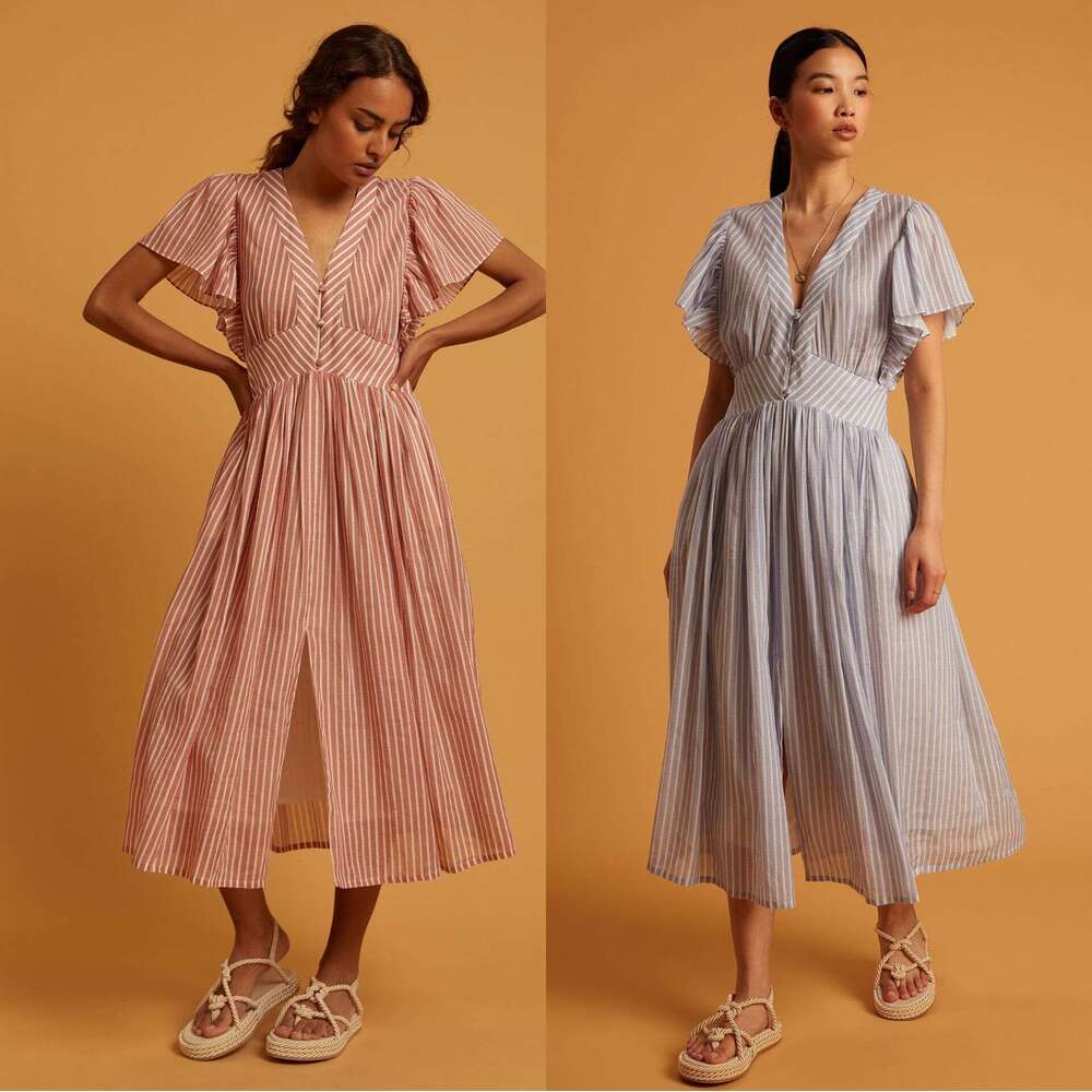 French style single item: Romantic and Designer dress elegant, high quality reing striped high-quality V-neck short-sd mid-length dress