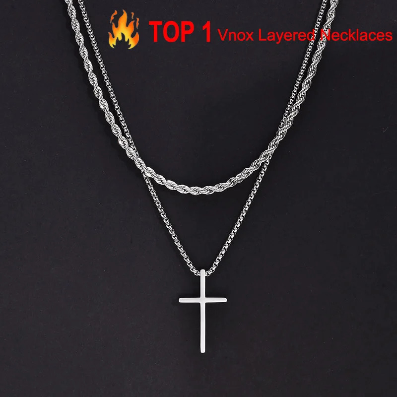 Vnox Mens Cross Necklaces Stainless Steel Layered Plain Cross Pendant Rope Box Chain Necklace Simple Prayer Jesus Collar 260608