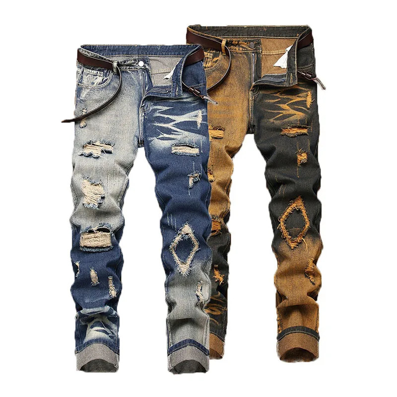 Retro Jeans Mens Straight Leg Pants Ripped Fashionable Casual Trousers Street Wear Clothing 260612BANJIA