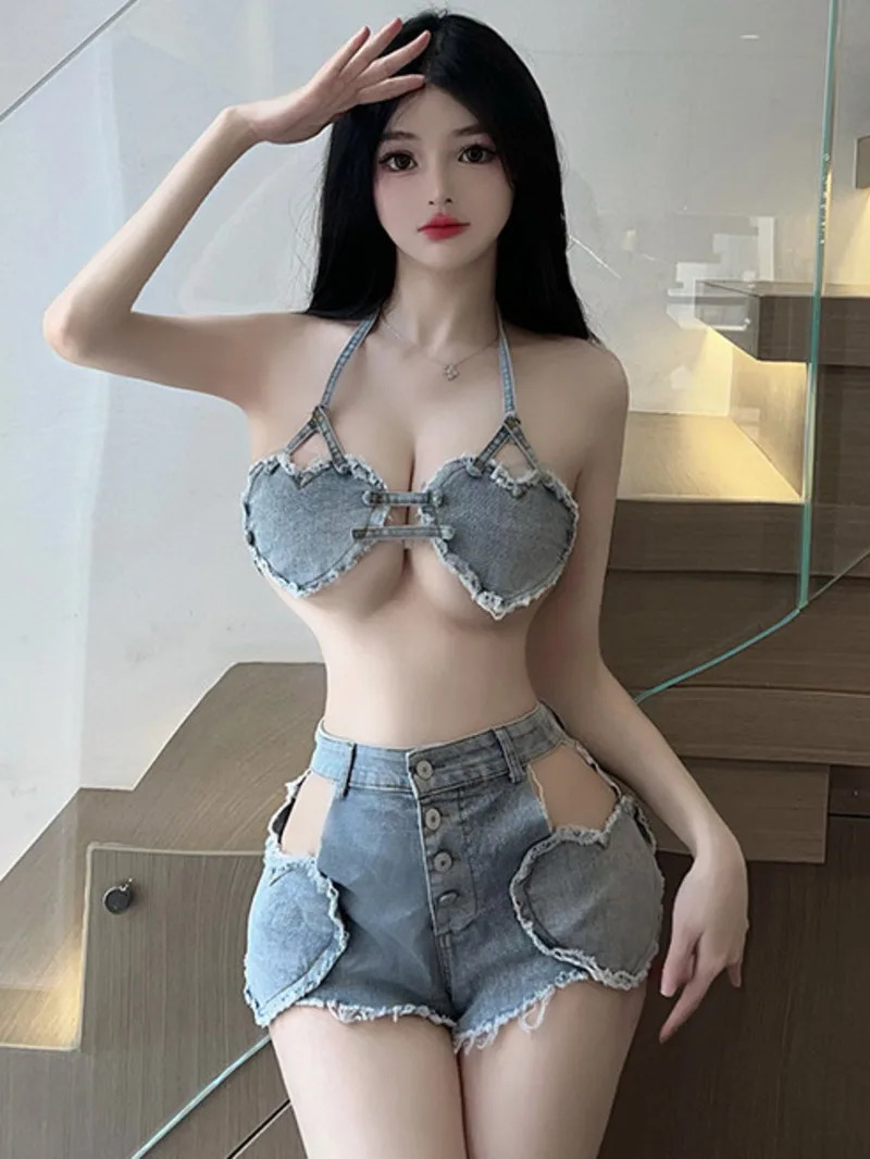 Sexy Playful Denim Shorts Sets Backless Hollow Out Deep V Hanging Neck Sleeveless Pure Desire Casual Style Shorts Sets XRRA 260612
