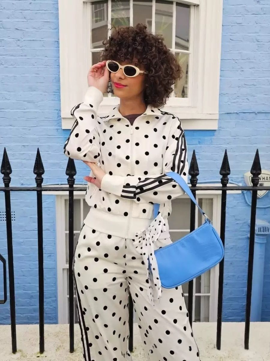 2026 Fashion Polka Dot Three-Striped Casual Tracksuit, Vintage Stand Collar Jacket & Wide Leg Sweatpants 2-Piece Set