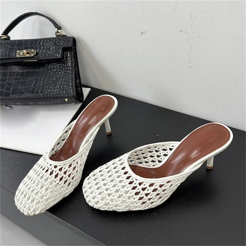 Eilyken Summer Hollow Out Breathable Mesh Weaving Women Slippers Fashion Thin Heels Party Dress Mule Shoes Large Size 43 260612