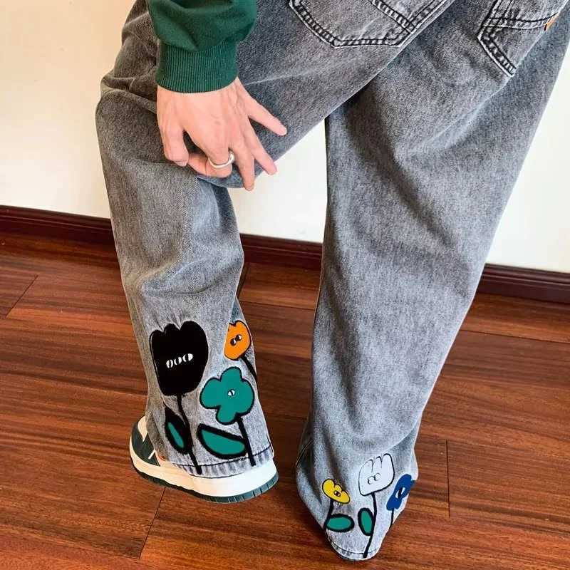 New Mens Y2K Flower Printed Baggy Jeans 2026 Streetwear American Casual Denim Wide-leg Pants Hombre Vintage Straight Trousers T260410
