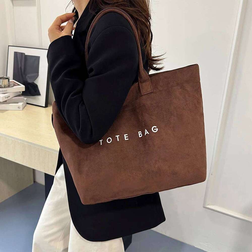 Magnetic Clasp Casual Suede Tote Bag with Solid Color Letter Print Large Capacity Versatile Daily Commute Shopping
