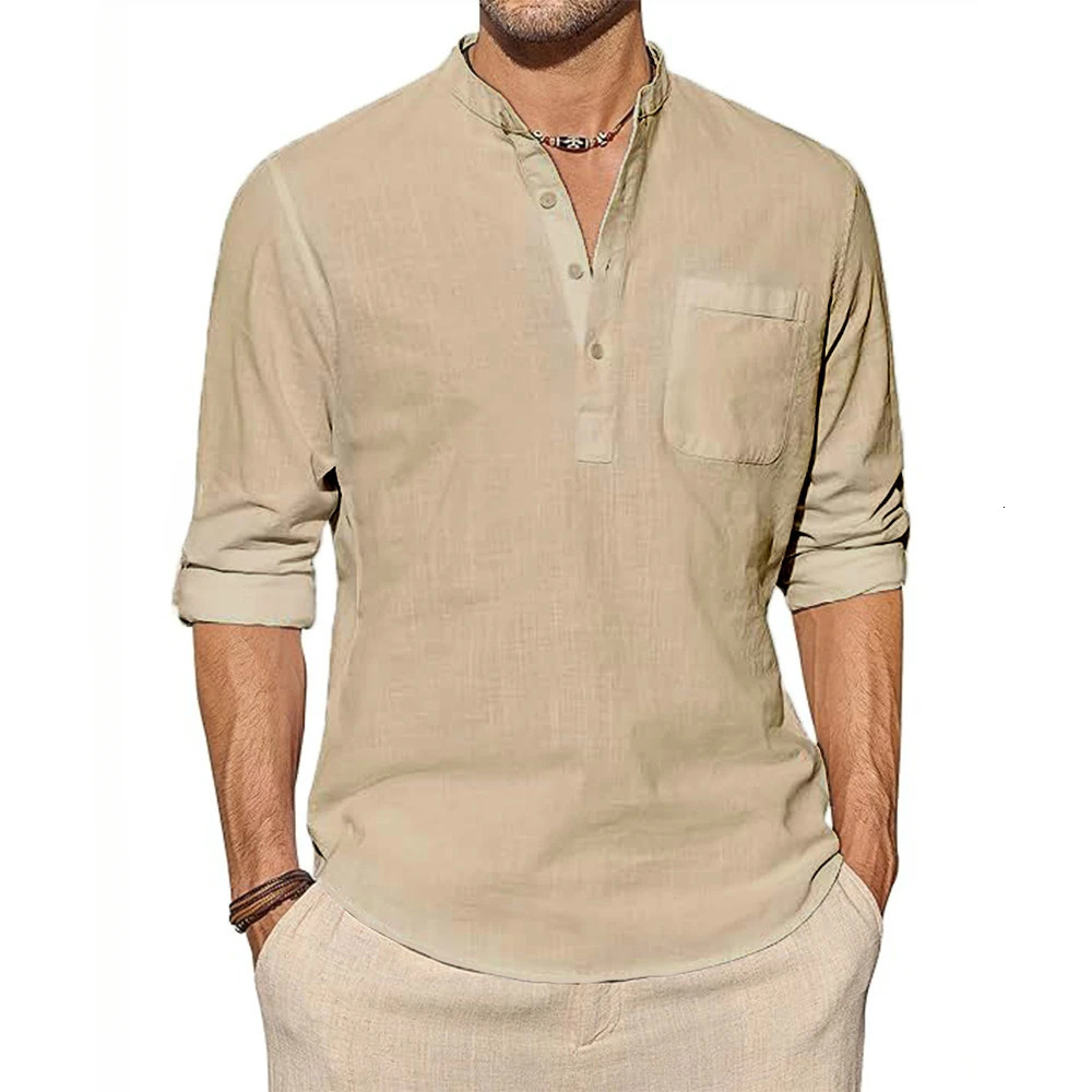 Mens Cotton Linen Shirts Long Sleeve Shirt Casual Beach Shirts Henley T-Shirt Vacation Tops with Pocket Men Streetwear 260612