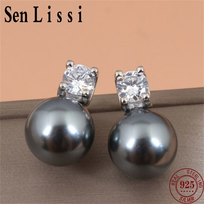 Senlissi- Retro Dark Grey Stud Earrings for Women 8-12mm 6A grade zircon S925 Sterling Silver Womens Jewelry Gifts 260612