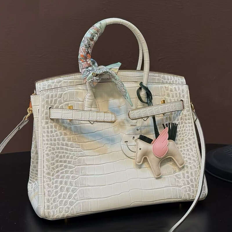 Designer Handbags Totes Bag Ladies Himalayas White Croc-Embossed Leather Tote Bag with Lock & Keys Structured Luxury Top Handle Handbag with Silver