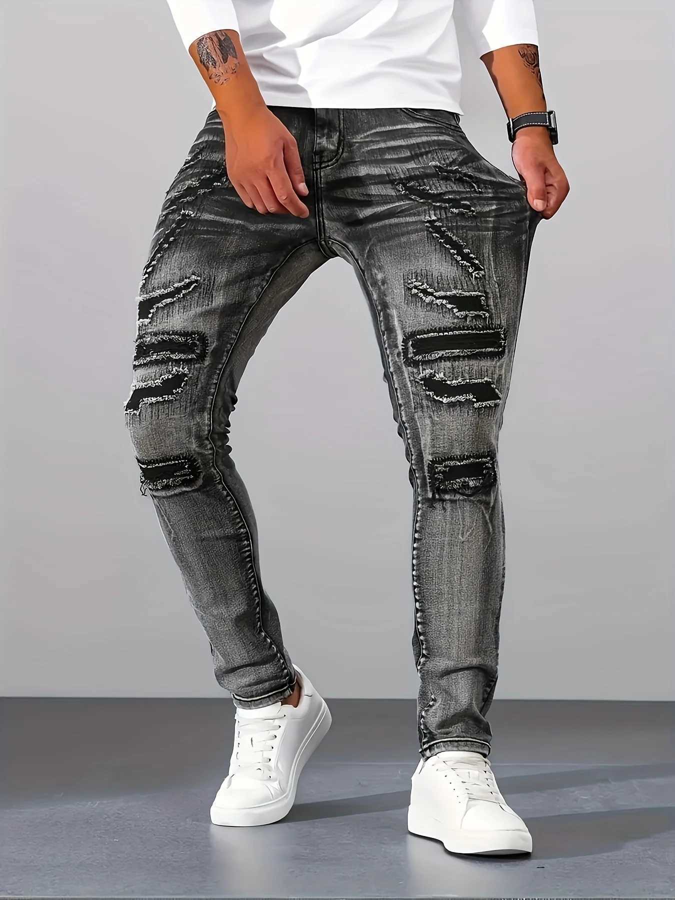 Little Feet Skinny Fashion Jeans Mens Straight Patchwork Stretch Slim Denim Pants Silver Grey Streetwear Male Clothing Trousers T260410