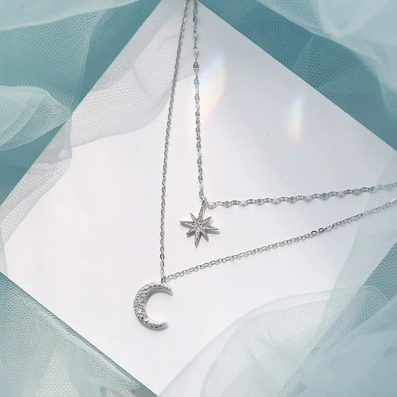 925 Silver Necklace for Women Double Layer Zircon Star Moon Pendant Necklace Delicate Chain Charm Elegant Fashion Jewelry Gifts 260608