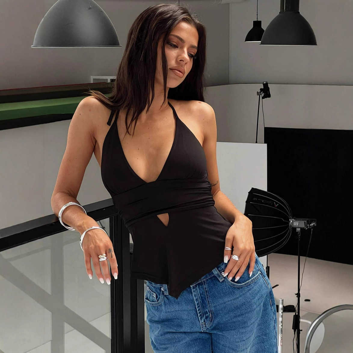 2026 V-neck halter neck hollow irregular camisole top sexy hot girl backless tight-fitting tank top L260612
