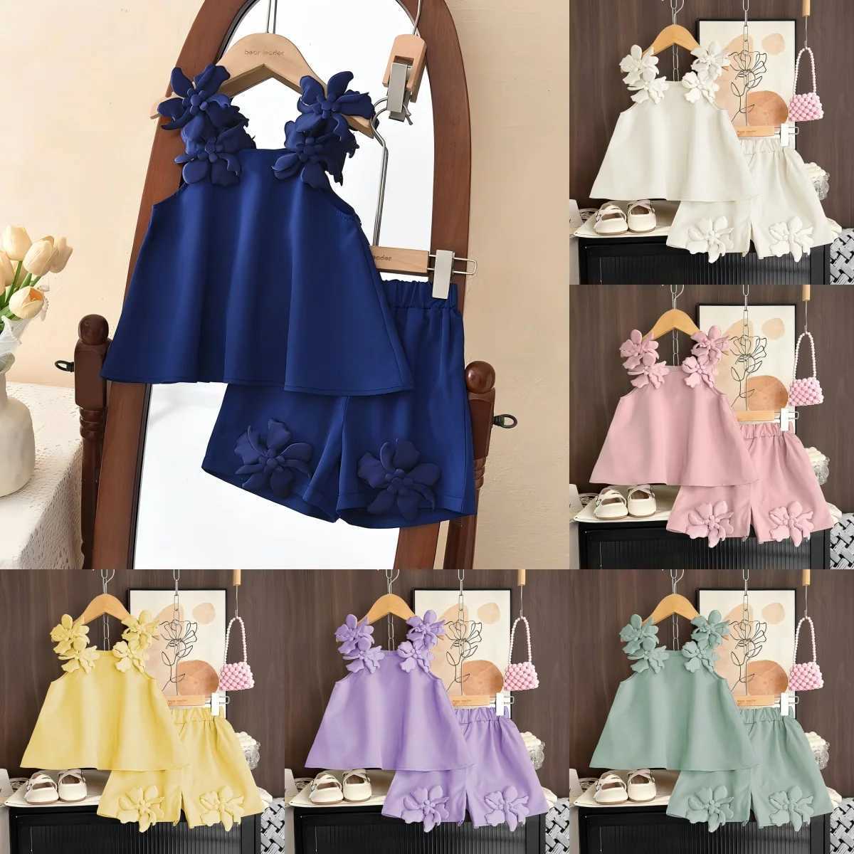 3 4 5 6 7-year-old Solid Color Girls Casual Clothes Summer New 3D Flower Suspender Topshorts Two-piece Set Korean VersionT260613