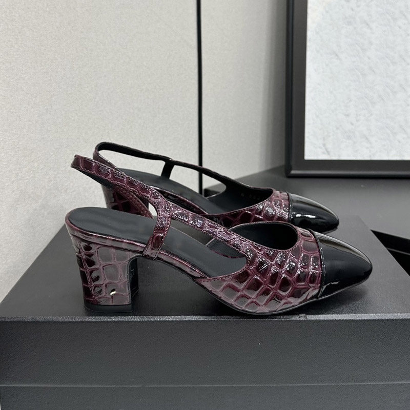 Women Slingbacks Sandals Slip On Dress Shoes Designer Cowhide Chunky Heels 6.5cm Slides For Party Wedding Shoes Vintage Black Green Burgundy Outdoor