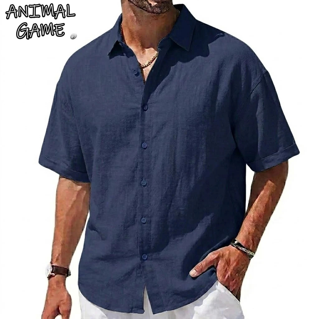 Korean Mens Short Sleeve Shirts Casual Cotton Linen T Shirts Man Lapel Shirts Male Breathable Hawaiian Shirt Man Summer T-shirt 260612
