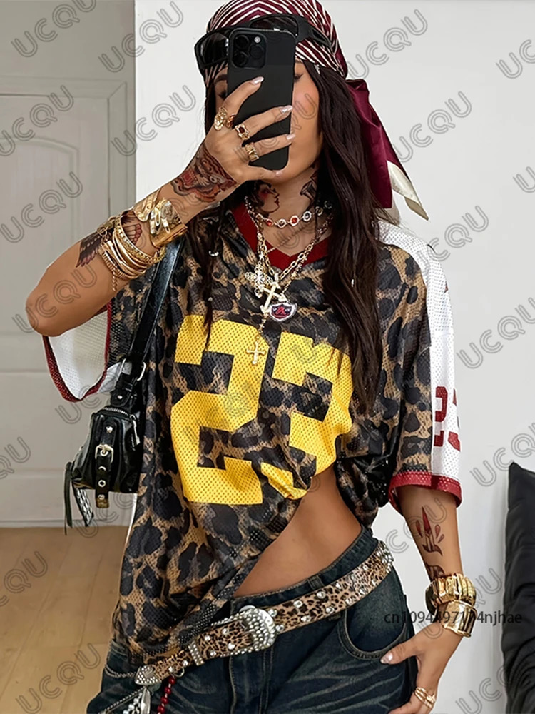 Summer Leopard No 23 Print TShirt For Women VNeck Patchwork Short Sleeve Sports Football Y2K Loose Oversized Tops 260613