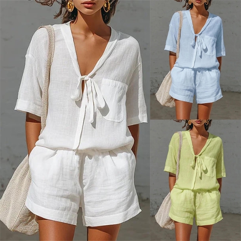 Womens Blouse Sets Two 2 Pieces Sale Casual Lace Up Blouse ShirtHigh Waist Wide Leg Short Suits NSFZC-Y3372 260612